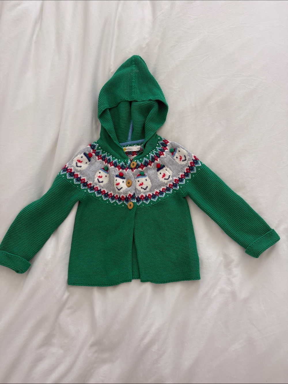 Baby Boden Kids Green Hooded Knit Cardigan with Snowman Yoke